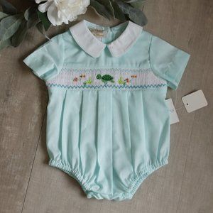 Boy's Aqua Smocked Romper Boutique Size 3 Months Embroidery Spring Vacation NWT